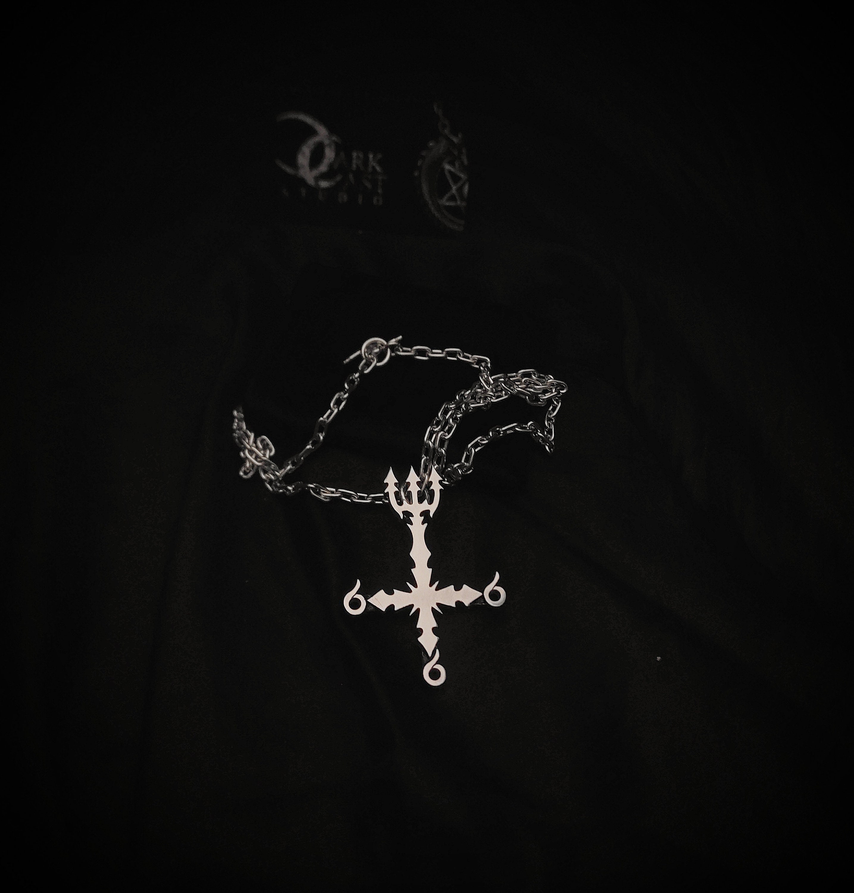 Upside Down Inverted Cross Necklace With Trident , 666 Upside Down Inverted Cross Necklace With Trident , 666