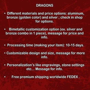May include: Text on a red background describing the options for custom dragon sculptures. The text mentions different materials like aluminum, bronze, and silver, as well as customization options like bimetallic combinations and engravings. It also mentions a processing time of 10-15 days and free premium shipping worldwide via FedEx.