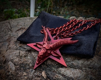 goat head pentagram necklace blood red , baphomet inverted pentacle pendant , demonic gift for satanist , wicked black metal jewelry art