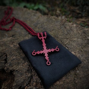 Bloody red inverted cross necklace with trident , 666 Number of the Beast Black metal jewelry , best gift for dark satanic witches and goths