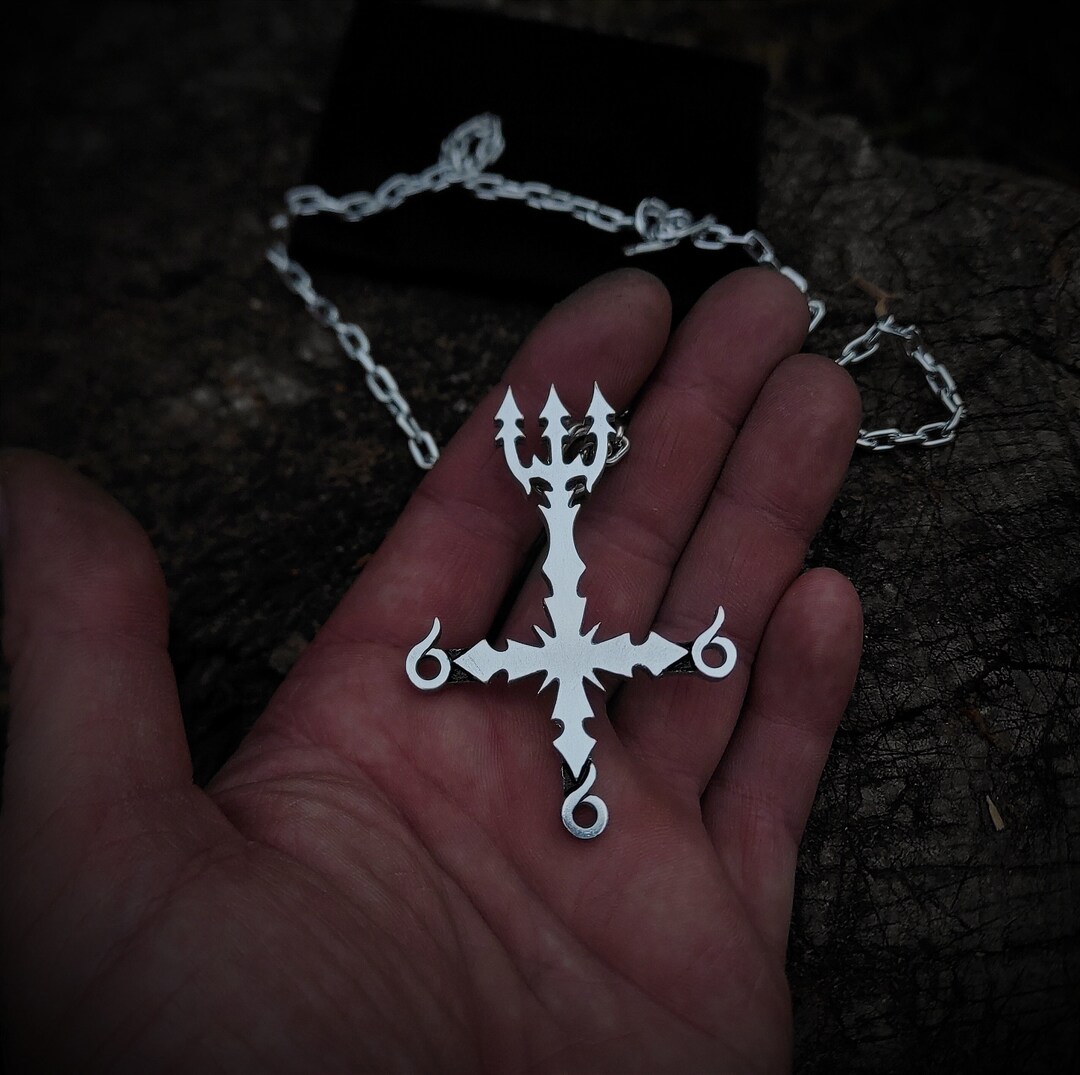 Inverted Cross Necklace With Trident , Upside Down 666 Number of