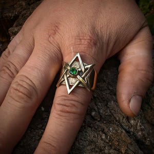 Unicursal hexagram golden bronze star ring , thelemic symbol artefact , witch and warlock occult jewelry , black magic dark ritual summoning