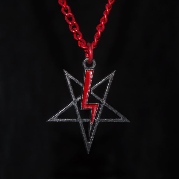 Black anodized pentagram necklace and bloody red lightning bolt , sanguine sigil of the black light artefact , shadow inverted pentacle gift