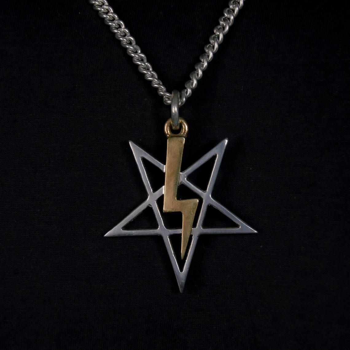 Bronze Golden Lightning Bolt Inverted Pentagram Necklace - Etsy
