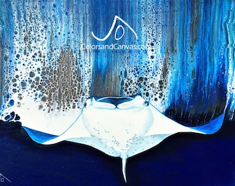 May include: A white manta ray swims through a blue and silver abstract background. The background is made of swirling paint with white bubbles. The manta ray is in the foreground and is facing the viewer. The artist's signature, "Jo", is in the bottom right corner of the painting.