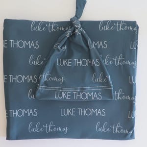Boy Personalized Hat and Swaddle, Stretchy Personalized Swaddle, Hospital Name Blanket Pics, Swaddle Blanket, Boy Swaddle,Name Blanket