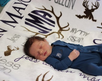 Deer Blanket - Personalized Baby Blanket - Antler Blanket - Monogram Swaddle Blanket - Monogrammed Name - Baby Shower Gift - Hunting Nursery