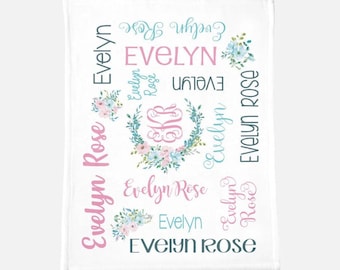 Couverture personnalisée pour bébé fille - couverture pour bébé monogramme - couverture pour emmailloter - cadeau de baby shower - couverture personnalisée - floral bébé fille