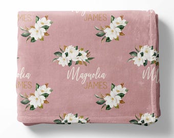 Manta Magnolia - Manta con nombre de bebé Magnolia - Guardería Magnolia - Decoración Magnolia - Niña - Manta personalizada para niña - Manta con monograma