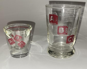 Vintage Libbey ABC in Red Blocks Shot Glass and Juice Glass with Heavy Glass Bases