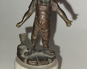 Vintage Antique Bronze Figurine Small Boy in Overalls on Marble Base - Hans Keck?