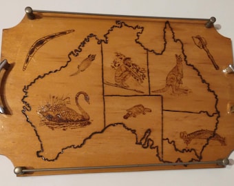Unusual Vintage Wooden Tray w/Handles, Sides, Carved Outline Australia, Boomerang, Kangaroo, Duckbill Platypus, more