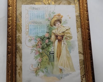 1897 May June Calendar Page from Atlantic and Pacific A&P Tea Company with Elegant Woman Gardener in Wooden Frame
