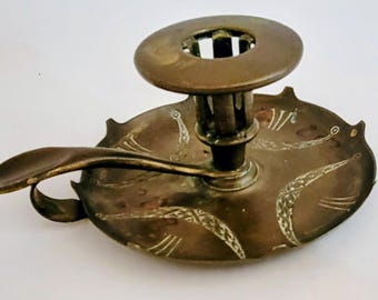 Antique Art Nouveau Brass Candlestick Chamber Stick with Thumb Hold