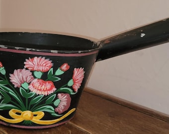 Vintage Toleware Handpainted Decorative Floral Pot with Wooden Handle - The Strata Group