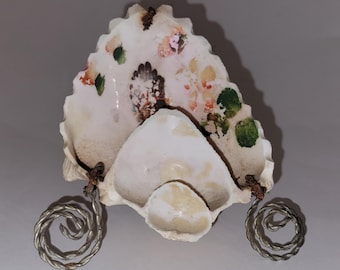 Vintage Hand Painted Native American Chief on Souvenir Seashell Resting in Twisted Wire Frame - Unusual!