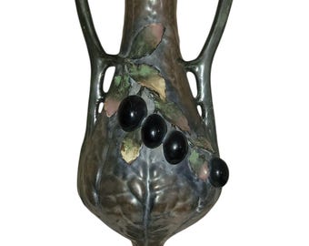 Stunning Art Nouveau Amphora Double Handled Ceramic Vase Decorated with Raised Grapes and Leaves