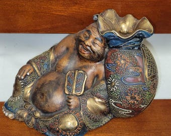 Vintage Cheerful Smiling Colorful Seated Buddha Figurine Katani Hotei Candleholder 5 Inches Tall