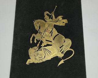 Vintage Brass and Copper Art Work on Black Velvet - St. George and the Dragon (no frame)