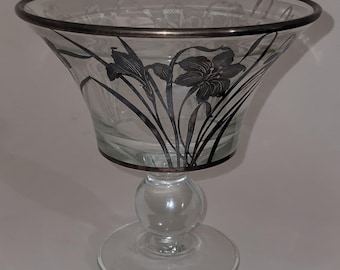 Vintage Sterling Silver Overlay Glass Compote Candy Dish Iris Design on Glass Pedestal