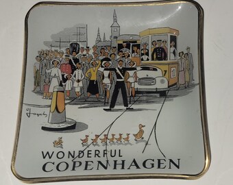 Vintage Frosted Glass Dish Wonderful Copenhagen with Ducks, Street Traffic, Signed by Artist