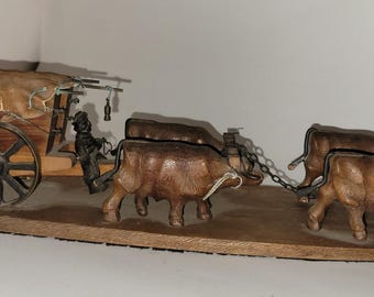 Vintage Folk Art Wooden Sculpture Old Man in Leather-Topped Wagon Cart with Wheels Drawn by 4 Oxen- Indonesian?