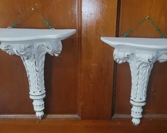 Pair of Vintage Roman Art Co. Robia Ware Decorative Plaster Hanging Shelves - Cream with Gold Painted Edges