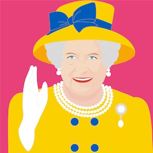 May include: A cartoon illustration of a woman wearing a yellow hat with a blue bow, a yellow dress, and a pearl necklace. She is smiling and waving with her right hand.