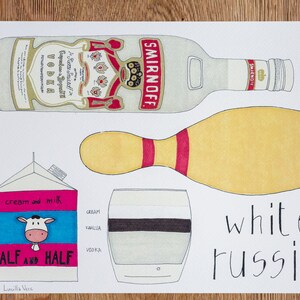 May include: A white Russian cocktail recipe illustration with a bottle of Smirnoff vodka, a carton of half and half cream and milk, a bottle of Kahlua coffee liqueur, and a glass with the ingredients layered. The text "white Russian" is written in black below the glass.