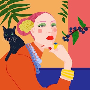 May include: A woman with pink hair and a yellow flower in her hair is wearing a red shirt, a blue beaded necklace, and a gold ring. She has a black cat on her shoulder and is looking to the side. The background is a yellow and pink wall with a blue and green plant.