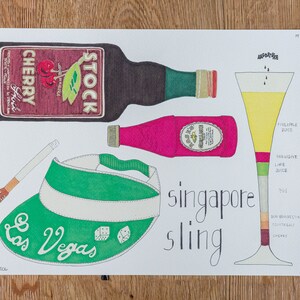 May include: Illustration of a Singapore Sling cocktail with ingredients labeled. Includes bottles of cherry liqueur, a Las Vegas visor, and a diagram of the drink's layers: pineapple juice, grenadine, lime juice, gin, and cherry.