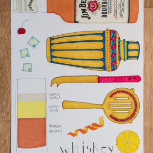 May include: A watercolor illustration of the ingredients and tools needed to make a whiskey sour cocktail. The illustration includes a bottle of Jim Beam bourbon, a shaker, a jigger, a bar spoon, a lemon wedge, a cherry, simple syrup, lemon juice, and a glass of whiskey sour. The text "whiskey sour" is written in large letters at the bottom of the illustration.