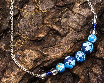 Blue Bead Bracelet - Sterling Silver Beaded Bracelet - Handmade Floral Jewellery - Handcrafted Boho Jewellery