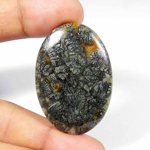 May include: An oval gemstone featuring a dark grey and black pattern, with gold and brown highlights. The polished surface reflects light, showcasing the intricate, natural design. This gemstone is likely used for jewellery or decorative purposes.