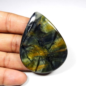Gemma Occhio di Tigre Blu. Elegante! Occhio di Tigre Blu Giallo Naturale. Cabochon Occhio di Tigre Blu. Occhio di Tigre a Forma di Pera per Gioielli 112 Cts KB-8538