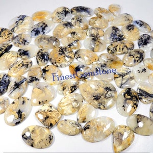 Tijger dendriet edelsteen lot. Natuurlijke tijgerdendriet groothandel. PRACHTIG! Cabochon met gele tijgerdendrietagaat. Tijgerdendriet, 1 tot 112 stuks