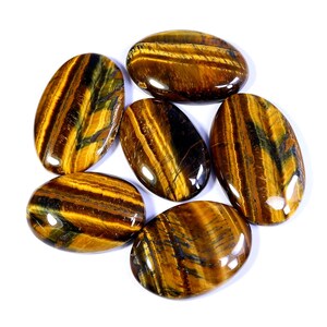 Pierre naturelle d'oeil de tigre. Cabochon oeil de tigre. Oeil de tigre jaune flashy. Lot de gros oeil de tigre ovale pour bijoux. (6 pièces) 365 Cts KB-10750