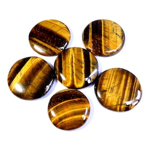 Tijgeroog cabochon. Geel flitsend tijgeroog. Natuurlijke tijgeroog-edelsteen. Ronde tijgeroog groothandel kavel voor sieraden. (6 stuks) 290 kt KB-10755