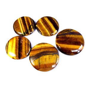 Geel flitsend tijgeroog. Natuurlijke cabochon met tijgeroog. Tijgeroog edelsteen. Ronde tijgeroog groothandel kavel voor sieraden. (5 stuks) 280 kt KB-10751