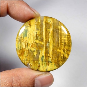 May include: A round, polished gemstone with a striking yellow and gold color scheme. The stone features a unique, wood-like grain pattern with hints of green and a glossy finish. The gemstone is held between two fingers.