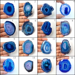 Eccezionale! Cabochon di agata drusa a fetta blu. Pietra preziosa a fetta di agata blu cielo. Cabochon in geode Druzy a fetta naturale. Tagliare il cabochon. Variazione