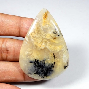 Tijger dendriet cabochon. Leuk! Gele tijger dendriet-agaat edelsteen. Natuurlijke tijger dendrietagaat. Losse dendriet in peervorm. 107 kts KB-9964