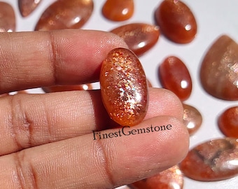 Orange Red Sparkle Sunstone Gemstone. Natural Rainbow Lattice Sunstone Cabochon. Wholesale Lot For 250 Cts 9 Pcs Sunstone For Jewelry.