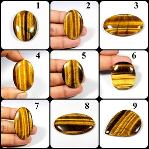Gele tijgeroogcabochon. Tijgeroog edelsteen. Massive~ Natuurlijk flitsend tijgeroog. Tijgerooggenezing met gemengde vorm voor variatie in sieraden