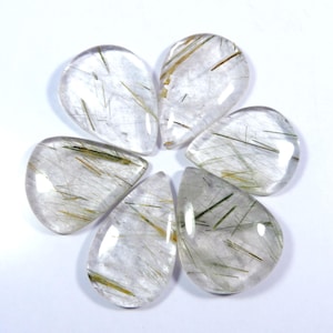 Gemma di quarzo rutilato di rame. Cabochon naturale di rutilo dorato multicolore. Lotto all'ingrosso di 6 cristalli di rutilo a forma di pera per gioielli, 315 ct, KB-11191