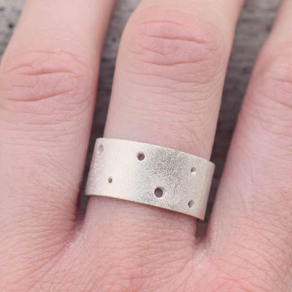 wide band sterling silver ring matte with holes