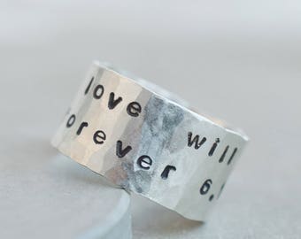 Personalized silver hammered ring, 10 mm wide sterling silver ring with custom text, ring with text, stamped text, personalized gift