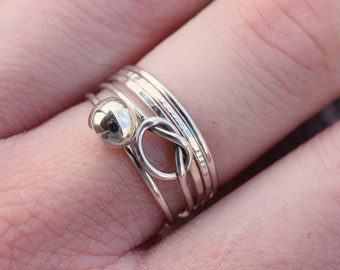 Love knot ring, stacking ring set, set of five, sterling silver rings, infinity ring, nugget ring