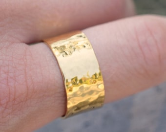 Gold wide band hammered sterling silver ring, 10 mm sterling silver 24k gold plated ring, wide band silver ring