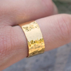Gold wide band hammered sterling silver ring, 10 mm sterling silver 24k gold plated ring, wide band silver ring